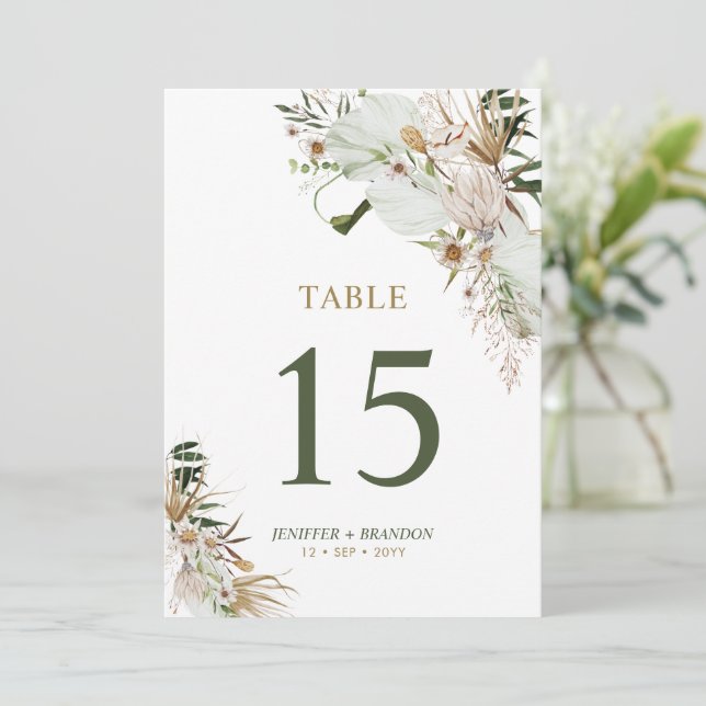 Gold & Green Boho Wedding Party Table Number Card (Standing Front)