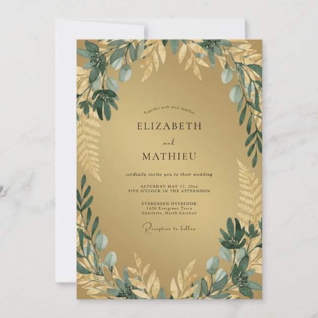 Gold Green Botanical Romantic Wedding Invitation (Front)