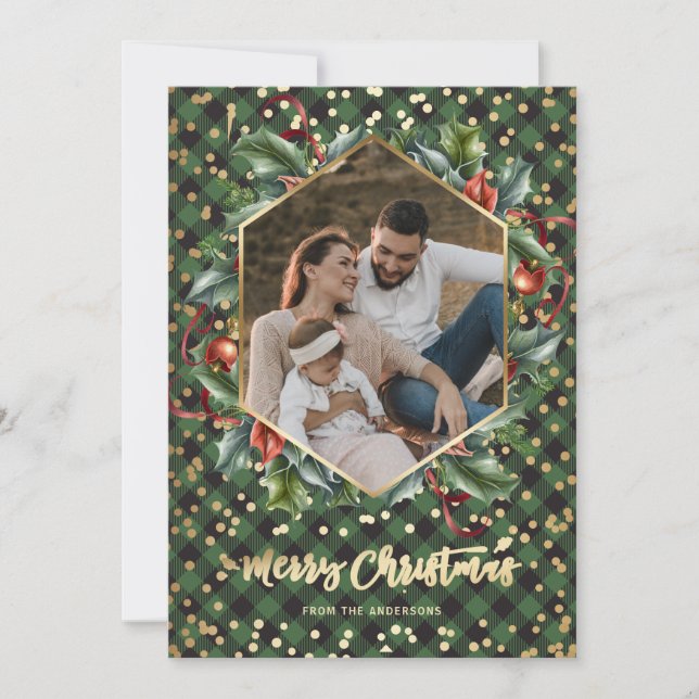 Gold Green Buffalo Plaid Photo Christmas Cards (Front)