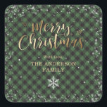 Gold Green Buffalo Plaid Snowflake Christmas Square Sticker<br><div class="desc">Custom gold and green buffalo plaid Merry Christmas stickers. Easily personalise these green and black chequered Christmas stickers with your family name.</div>