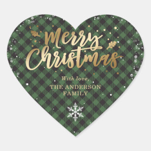 Gold Green Buffalo Plaid Snowflake Merry Christmas Heart Sticker