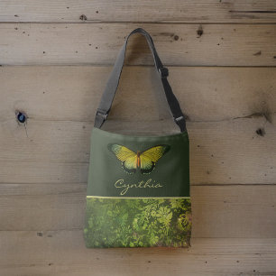 Gold Green Butterfly with Boho Foliage Monogram Crossbody Bag