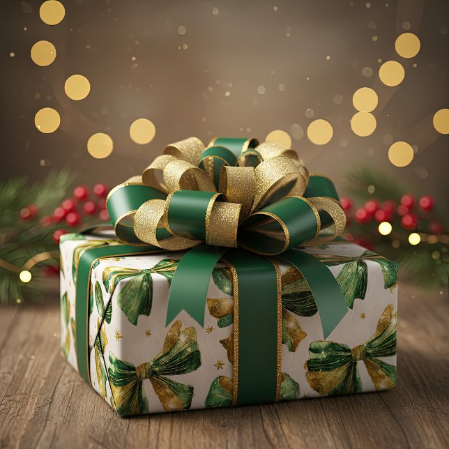 Gold Green Christmas Bows Vintage Wrapping Paper (Gold and green Christmas bows pattern for holiday gift wrapping paper)