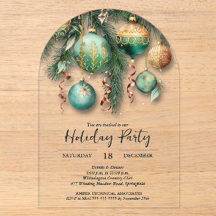 Gold Green Christmas Ornaments Arched Party Acrylic Invitations