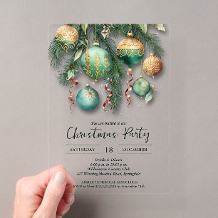 Gold Green Christmas Ornaments Party Acrylic Invitations