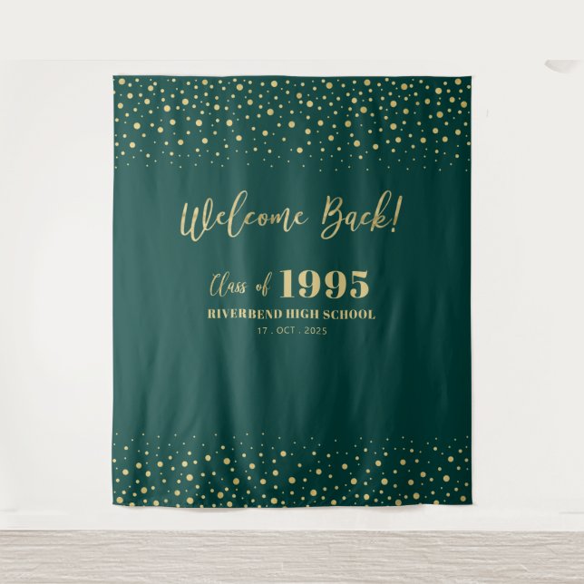 Gold & Green Confetti Class Reunion Party Backdrop Tapestry (Front)