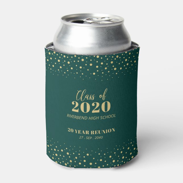 Gold & Green Confetti Class Reunion Party Can Cooler (Can Front)