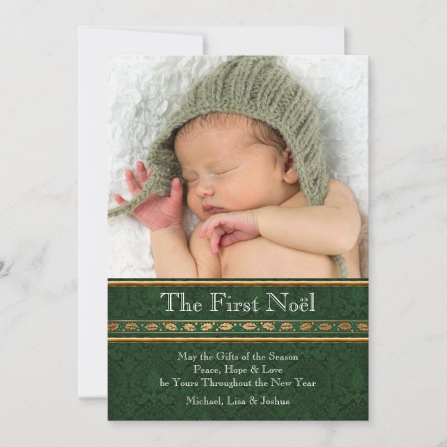 Gold Green Damask Babys First Christmas Card (Front)