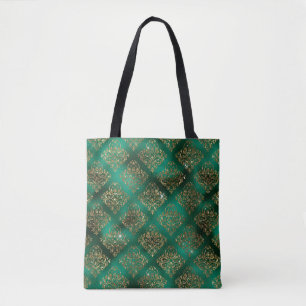 Gold Green Damask Elegant Chic Glitter Tote Bag
