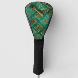 Gold Green Damask Elegant Monogram Glitter Golf Head Cover