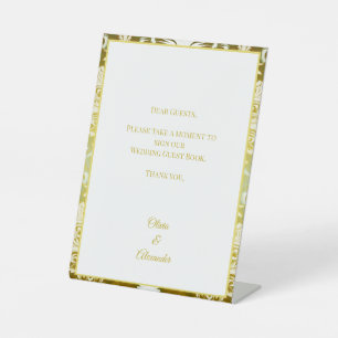 Gold Green Damask Wedding Guest Book Pedestal Sign