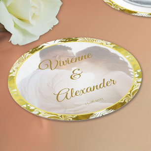 Gold Green Damask Wedding Round Paper Coaster