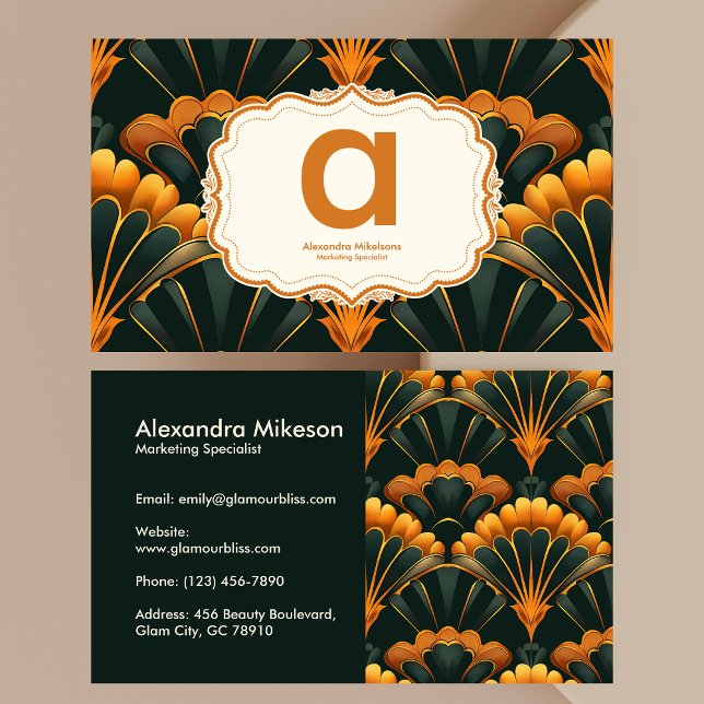 Gold Green Elegant Art Deco Professional Business Card (Creator Uploaded)