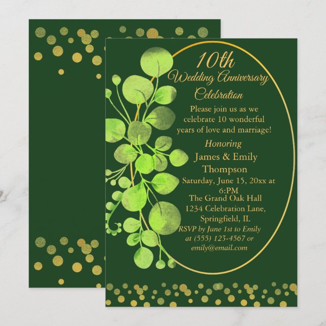  Gold & Green Eucalyptus 10th Wedding Anniversary Invitation (Front/Back)