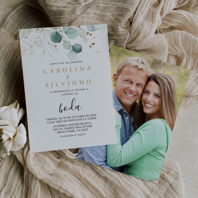 Gold Green Eucalyptus Calligraphy Boda Wedding  Invitation (Creator Uploaded)