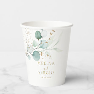 Gold Green Eucalyptus Calligraphy Wedding  Paper Cups