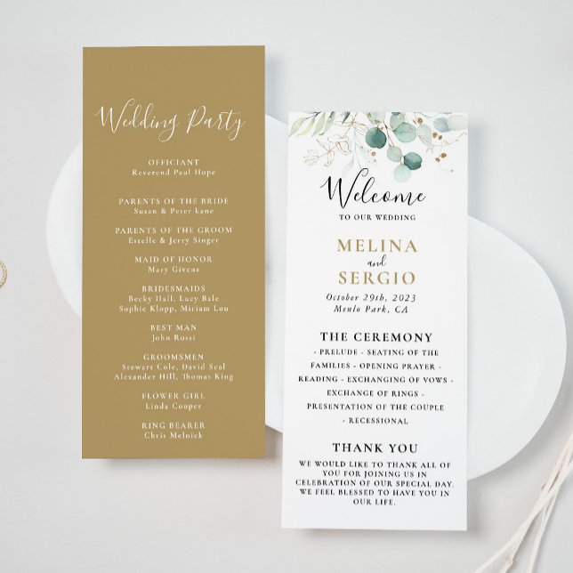 Gold Green Eucalyptus Calligraphy Wedding  Program Programme (Creator Uploaded)
