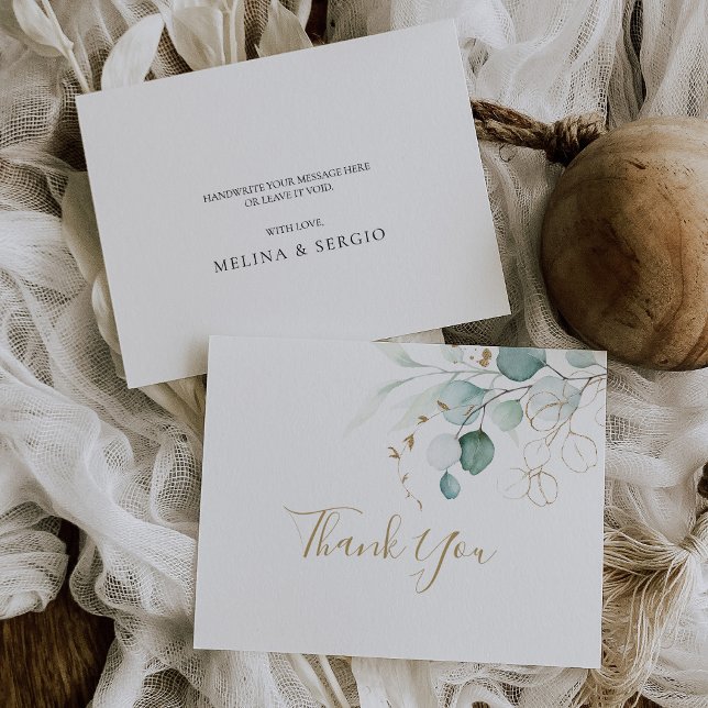 Gold Green Eucalyptus Calligraphy Wedding  Thank You Card (Creator Uploaded)