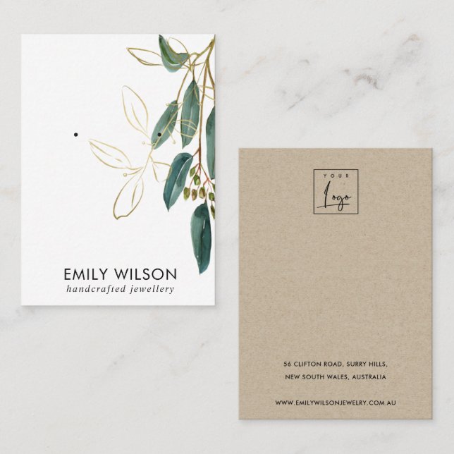 GOLD GREEN EUCALYPTUS FAUNA EARRING STUD DISPLAY B BUSINESS CARD (Front/Back)
