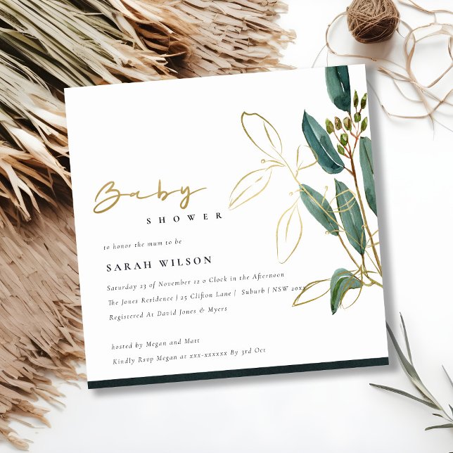 GOLD GREEN EUCALYPTUS FOLIAGE BABY SHOWER INVITE (Creator Uploaded)