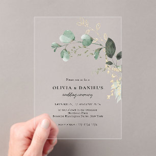 Gold & Green Eucalyptus Minimalist Wedding Acrylic Invitations