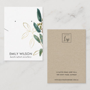 GOLD GREEN EUCALYPTUS NECKLACE EARING DISPLAY  BUSINESS CARD