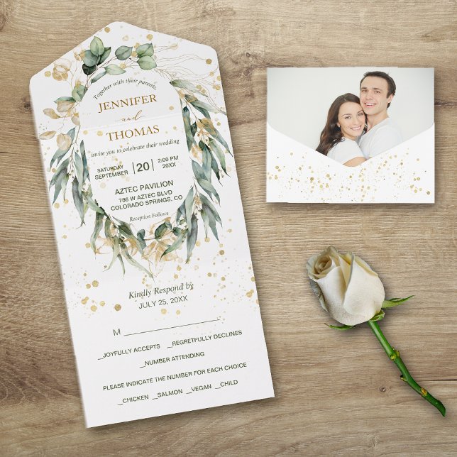 Gold Green Eucalyptus Photo Wedding All In One Invitation (Creator Uploaded)
