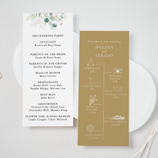 Gold Green Eucalyptus Timeline Wedding Program Programme (Creator Uploaded)