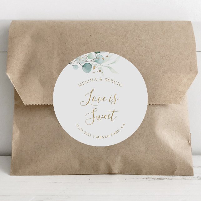 Gold Green Eucalyptus Wedding Love is Sweet   Classic Round Sticker (Creator Uploaded)