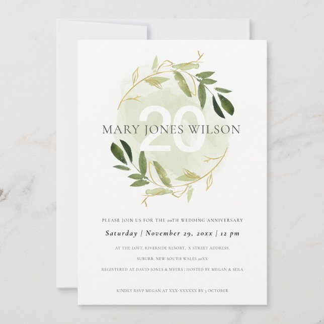 GOLD GREEN FAUNA WREATH ANY YEAR ANNIVERSARY CARD (Front)