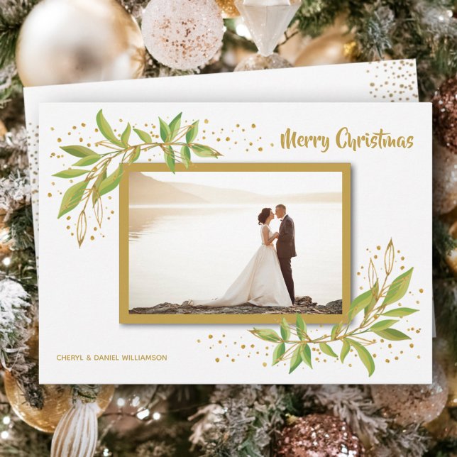 Gold Green Floral Christmas Photo Holiday Card (Creator Uploaded)
