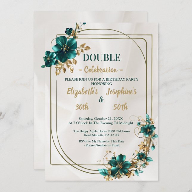 Gold Green floral double joint birthday Invitation (Front/Back)