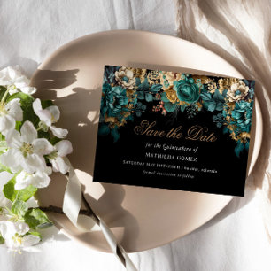 Gold Green Floral Quinceañera Save The Date  Invitation