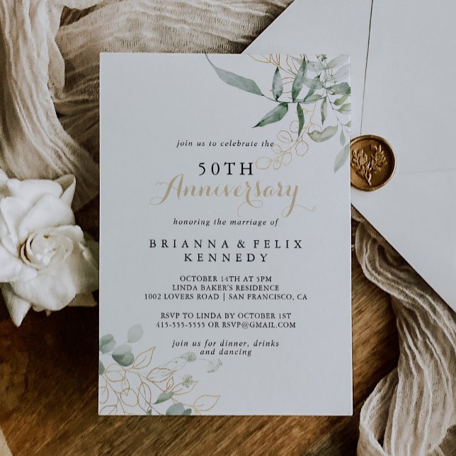 Gold Green Foliage 50th Wedding Anniversary  Invitation (Creator Uploaded)