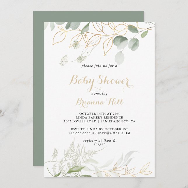 Gold Green Foliage Calligraphy Baby Shower  Invitation (Front/Back)