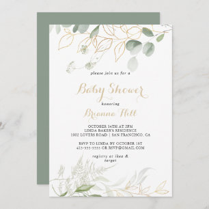 Gold Green Foliage Calligraphy Baby Shower Invitation