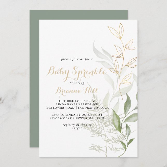 Gold Green Foliage Calligraphy Baby Sprinkle  Invitation (Front/Back)