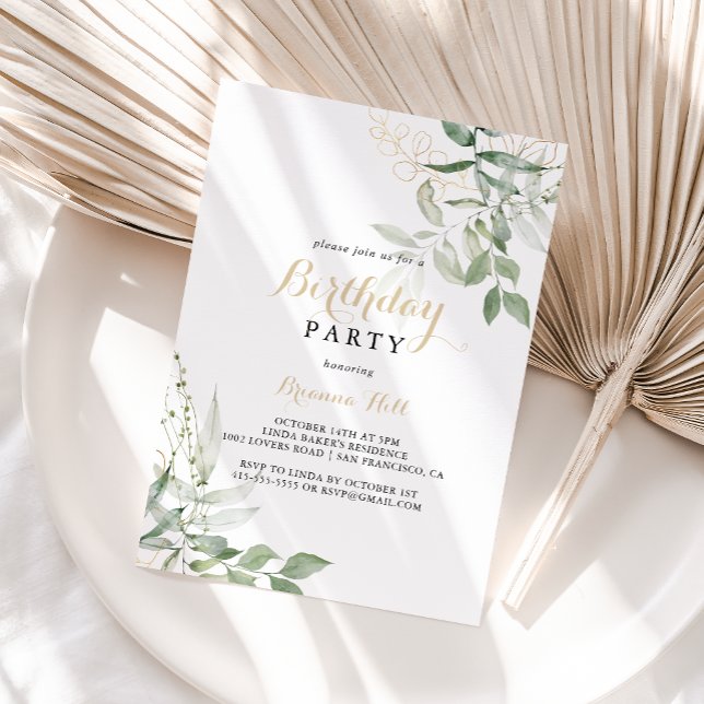 Gold Green Foliage Calligraphy Birthday Party  Invitation (Creator Uploaded)