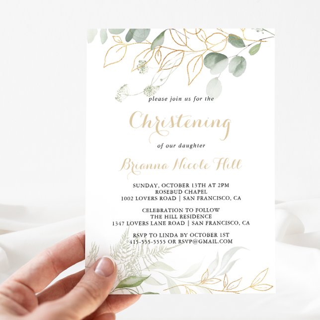 Gold Green Foliage Calligraphy Christening  Invitation (Creator Uploaded)