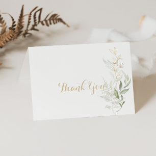 Gold Green Foliage Calligraphy Folded Wedding  Thank You Card