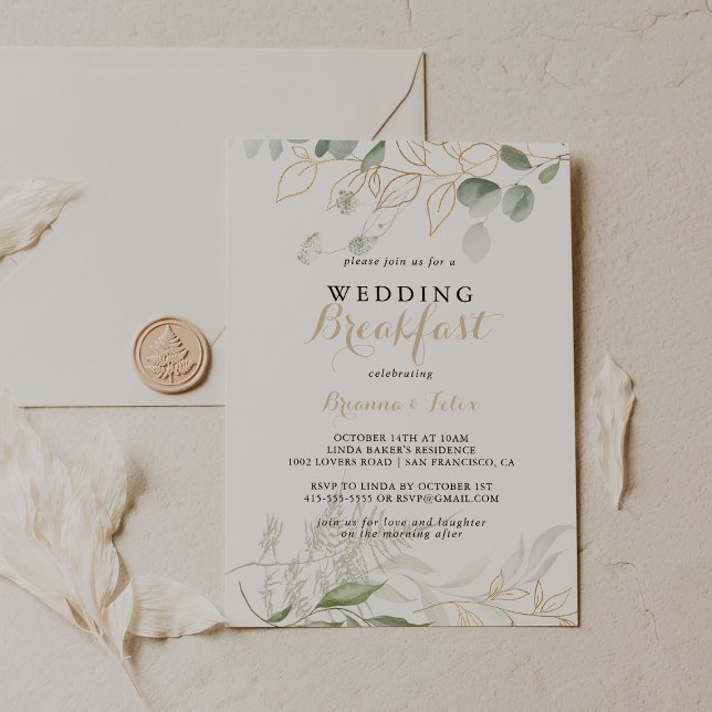 Gold Green Foliage Calligraphy Wedding Breakfast  Invitation (Creator Uploaded)