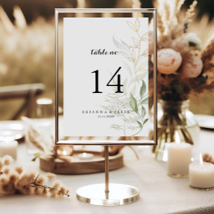 Gold Green Foliage Calligraphy Wedding  Table Number