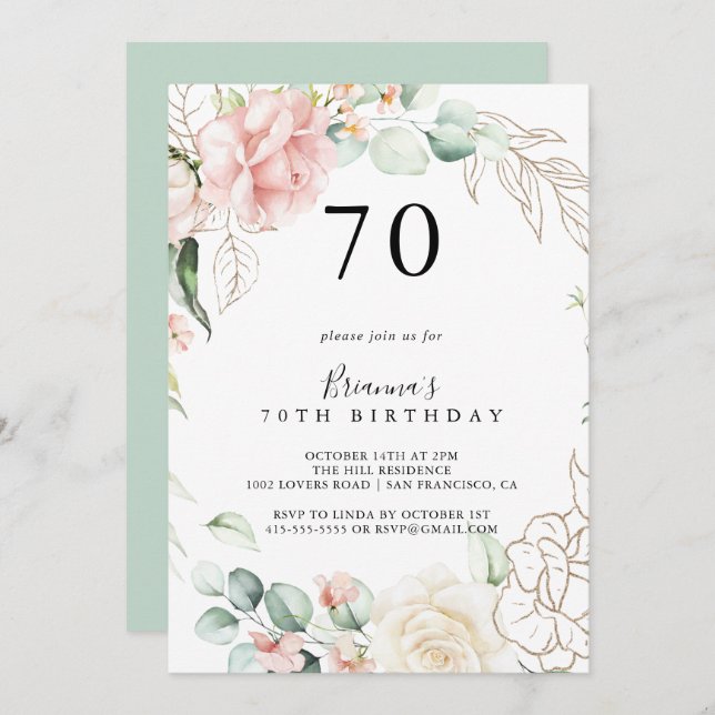 Gold Green Foliage Floral 70th Birthday Party Invitation (Front/Back)