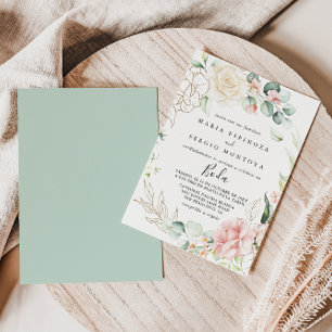 Gold Green Foliage Floral Spanish Wedding Invitation