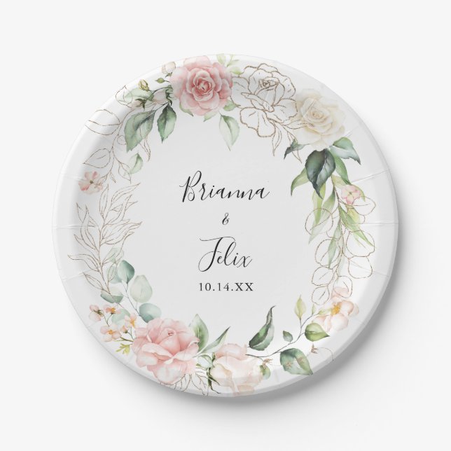Gold Green Foliage Floral Wedding Cake Paper Plate (Front)