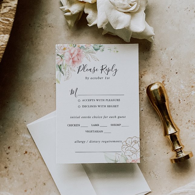 Gold Green Foliage Floral Wedding Menu Choice RSVP (Creator Uploaded)