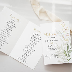 Gold Green Foliage Folded Wedding Program Programme