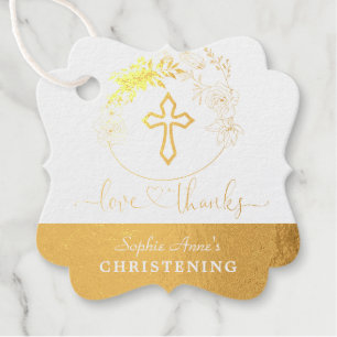 Gold Green Foliage Love and Thanks Christening Favour Tags