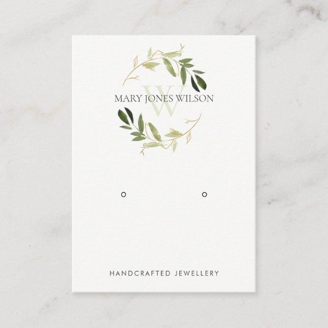 GOLD GREEN FOLIAGE MONOGRAM EARRING DISPLAY LOGO BUSINESS CARD (Front)