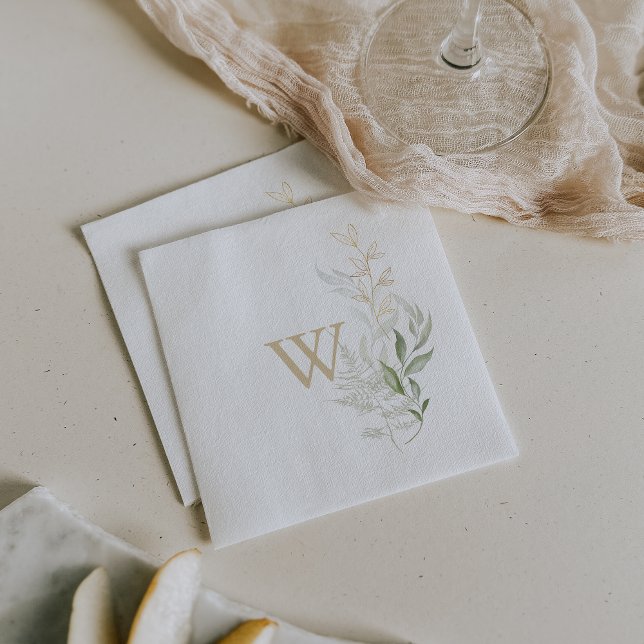 Gold Green Foliage Monogram Wedding Napkin (Creator Uploaded)